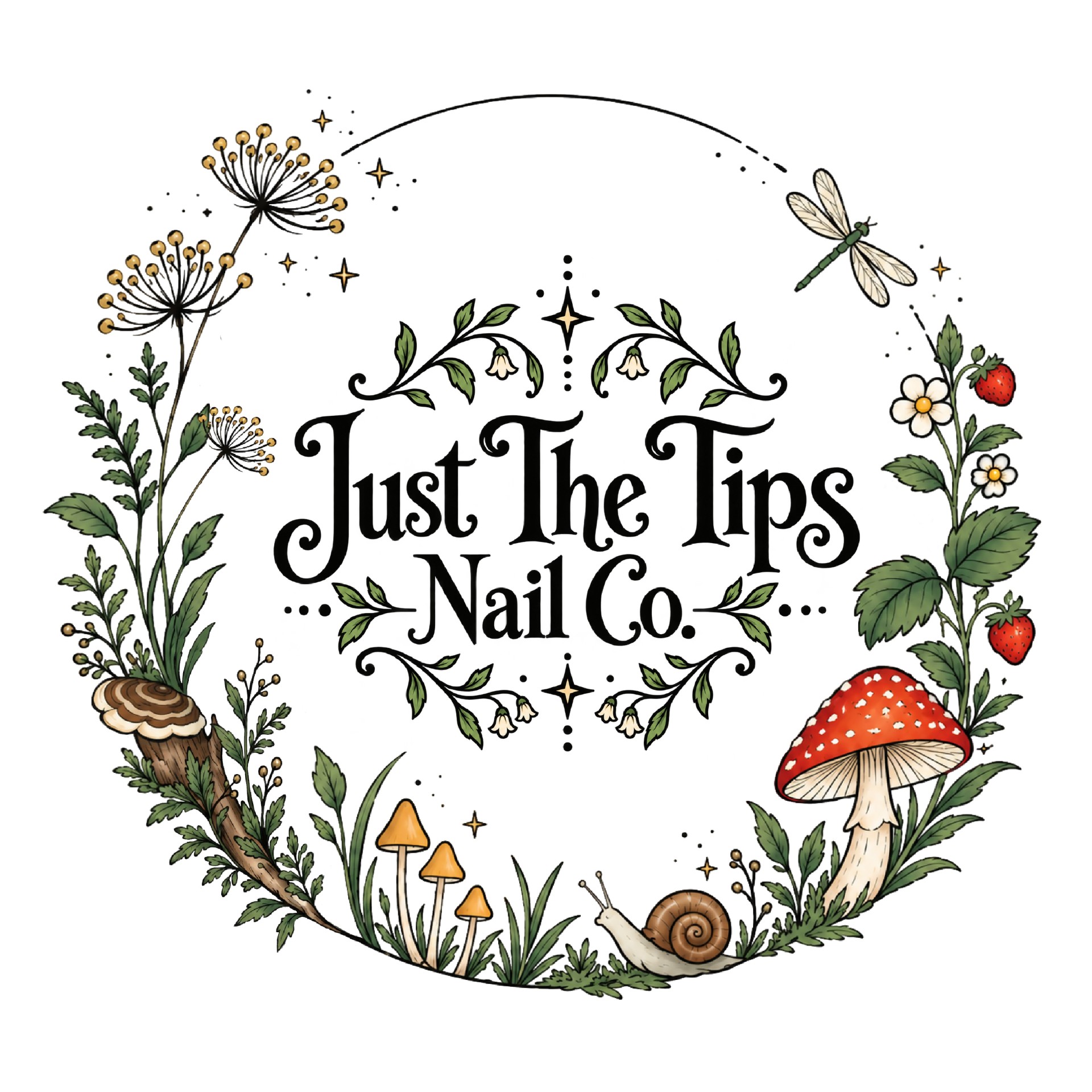 Just The Tips Nail Co. woodland logo with wildflowers, strawberries, mushrooms and a dragonfly